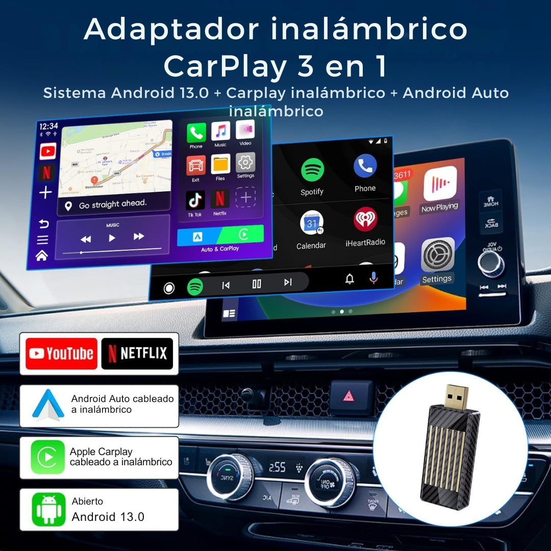 Mini AI Box – Dispositivo 3 en 1 inalámbrico con CarPlay y Android Auto